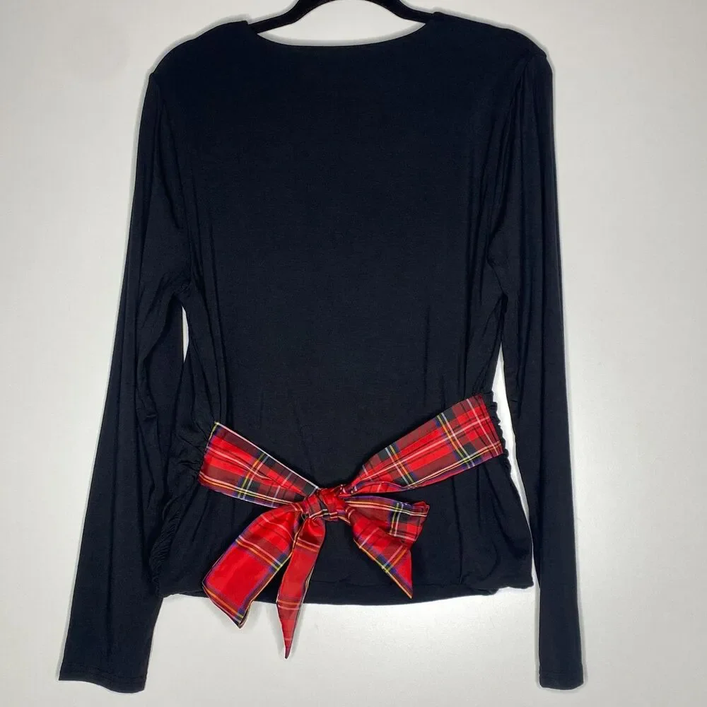 New J. Crew FormKnit Long Sleeve Plaid Tie Wrap Top Women's Size XL